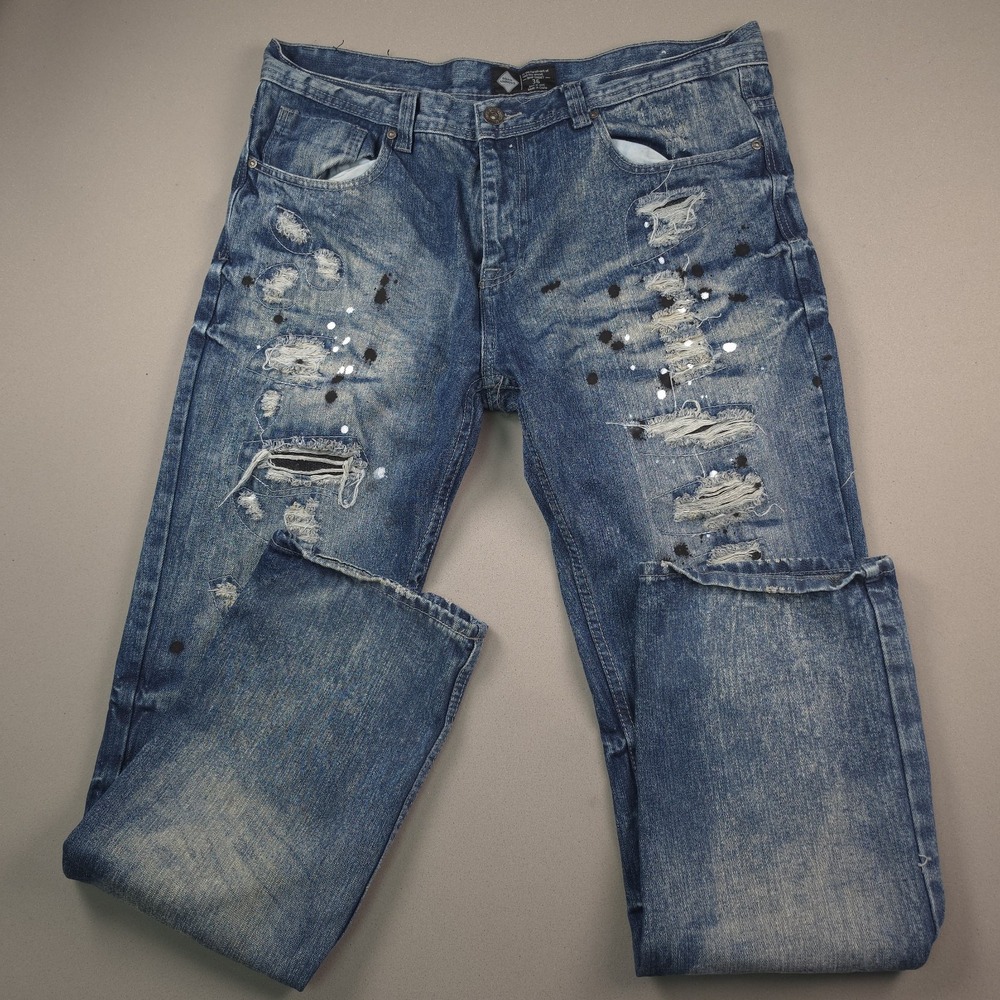 Road Narrows Mens 36 Jeans Distressed Ripped Paint Splatter Blue Denim Straight